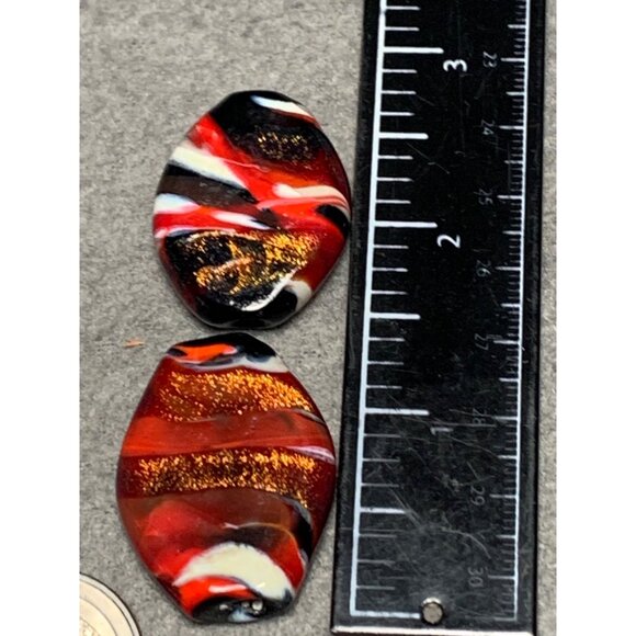 Handcrafted Lampwork Glass Beads - Red Black & Gold Glitter Swirl 2 Pcs Oval Sha - Picture 5 of 6